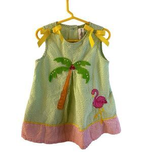Rare editions summer dress size 5 green pink flamingo yellow bows rn#18854